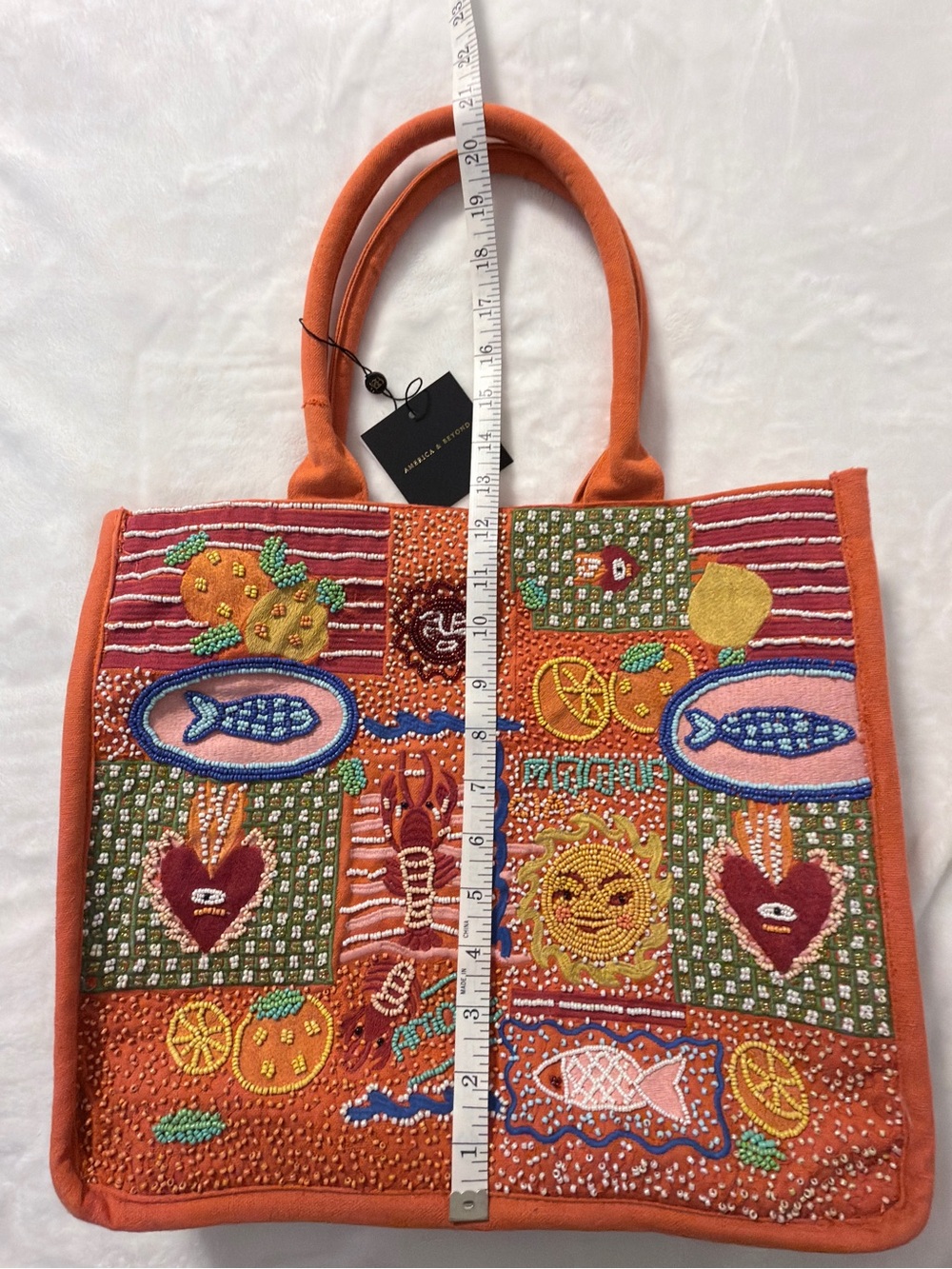America & Beyond Orange Embroidered Patchwork Beaded Tote - Picture 6 of 6